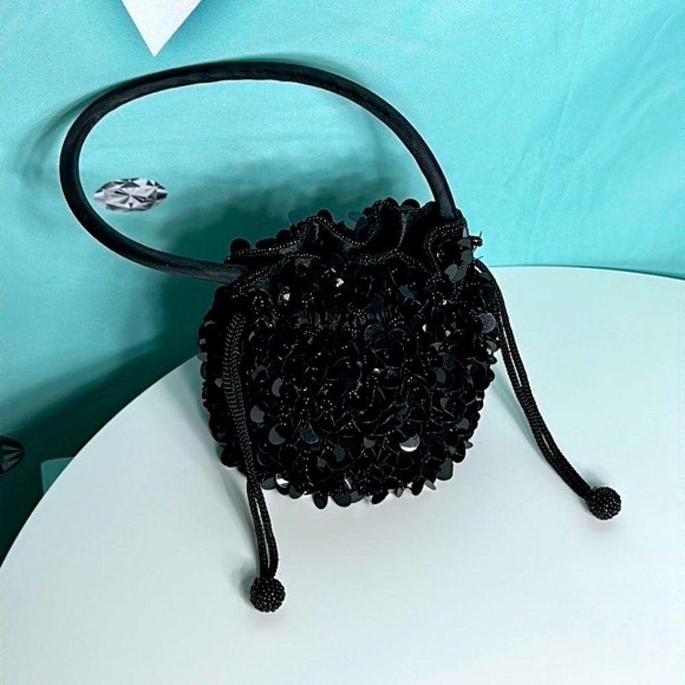 90s Y2K BEADS SEQUINS drawstring bucket bag. Evening bag Holiday dance like New - Picture 7 of 10